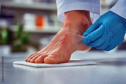 Close-up of monofilament test on diabetic foot for neuropathy screening. photo