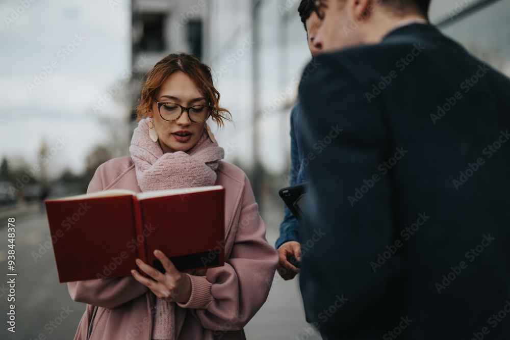 A pair of young entrepreneurs discuss work strategies during an informal outdoor meeting in a city environment. A pair of young entrepreneurs discuss work strategies during an informal outdoor meeting in a city environment.