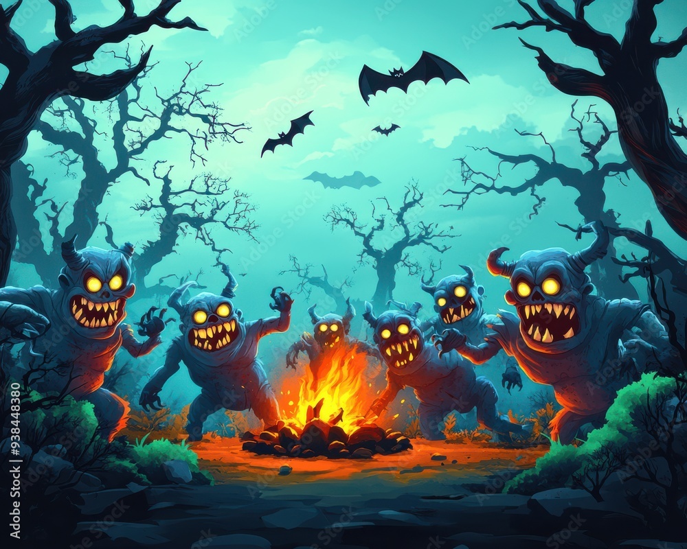 Spooky Forest Monsters Around Campfire with Eerie Trees and Bats in Haunted Darkness - Perfect for Halloween Themes and Scary Stories Spooky Forest Monsters Around Campfire with Eerie Trees and Bats in Haunted Darkness - Perfect for Halloween Themes and Scary Stories