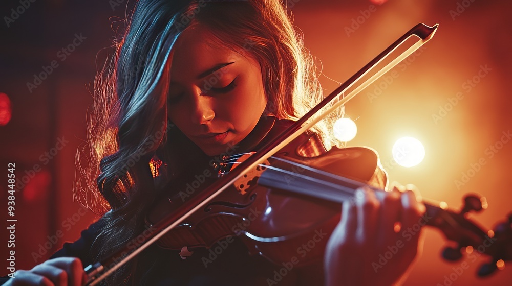 Fototapeta premium A woman is playing the violin in a dark room