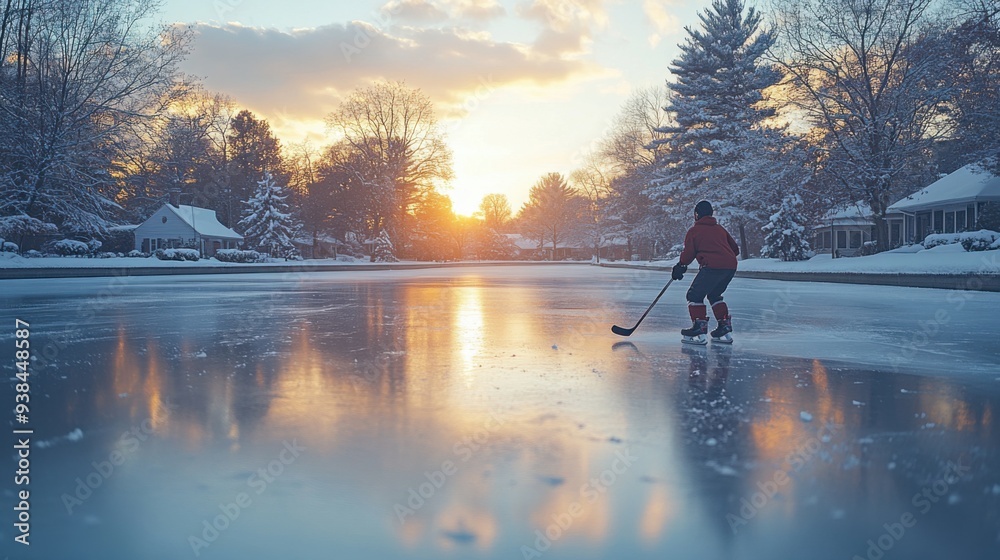 Teen boy playing ice hockey alone on frozen pond during winter sunset in suburban neighborhood Teen boy playing ice hockey alone on frozen pond during winter sunset in suburban neighborhood