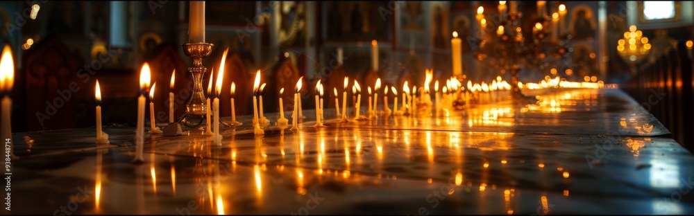Candles burning in an Orthodox church, their flames reflecting tradition and prayer, evoking Candles burning in an Orthodox church, their flames reflecting tradition and prayer, evoking