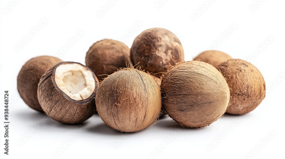 A group of brown coconuts, one of which is cracked open and showing the white inside, against a white background. A group of brown coconuts, one of which is cracked open and showing the white inside, against a white background.