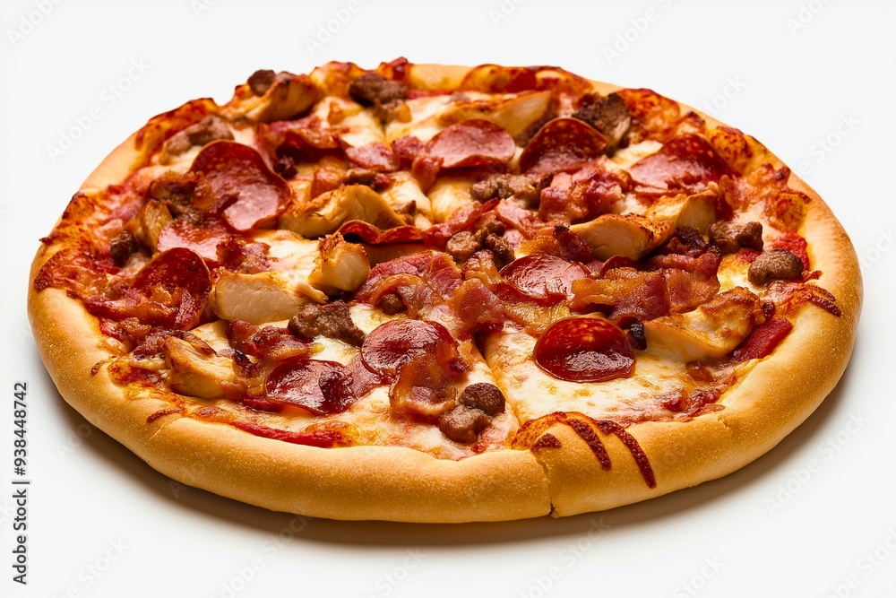 A freshly baked pizza topped with pepperoni, bacon, and sausage on a golden crust, perfect for food, pizza, and Italian cuisine concepts.
A freshly baked pizza topped with pepperoni, bacon, and sausage on a golden crust, perfect for food, pizza, and Italian cuisine concepts.