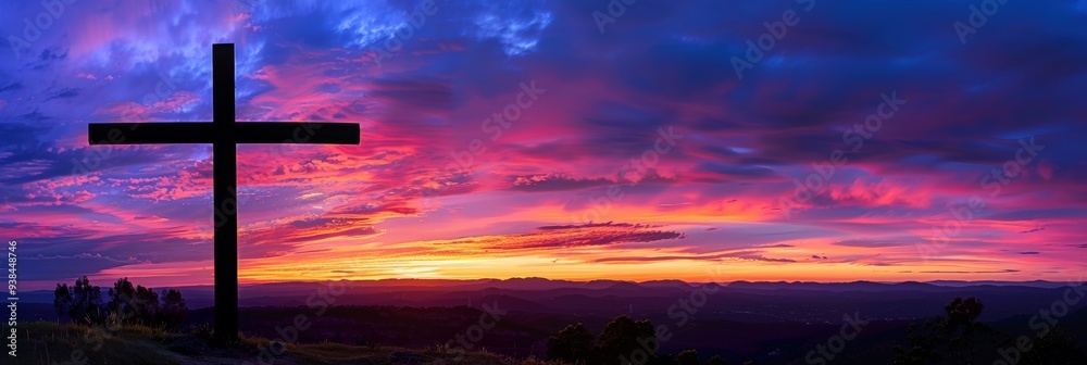 Silhouette of a cross against a vibrant sunrise or sunset sky, symbolizing spiritual renewal Silhouette of a cross against a vibrant sunrise or sunset sky, symbolizing spiritual renewal