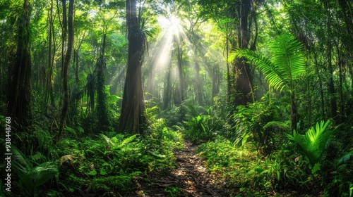 A lush green jungle with sunlight shining through the trees