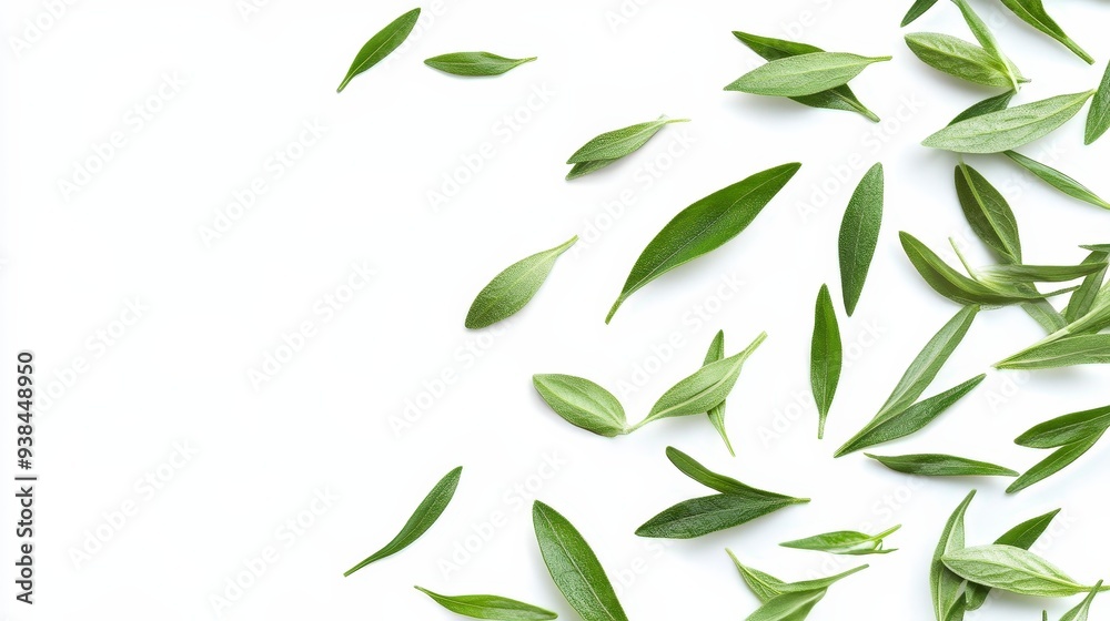 Naklejka premium Green leaves scattered on a white background.