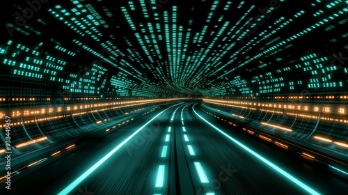 Streams of digital data flow in a twisting tunnel illuminated in vibrant shades of green, symbolizing the concept of data processing in the future