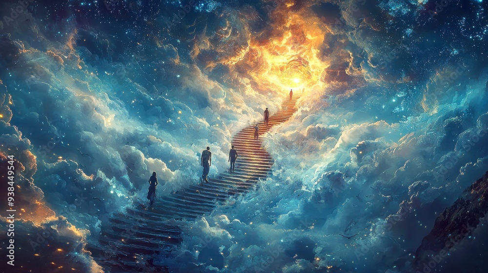 Different people climb together to the top of a sparkling, elusive doorway. The atmosphere is full of hope, but also full of challenges, with ethereal lights and symbolic themes scattered throughout. Different people climb together to the top of a sparkling, elusive doorway. The atmosphere is full of hope, but also full of challenges, with ethereal lights and symbolic themes scattered throughout.