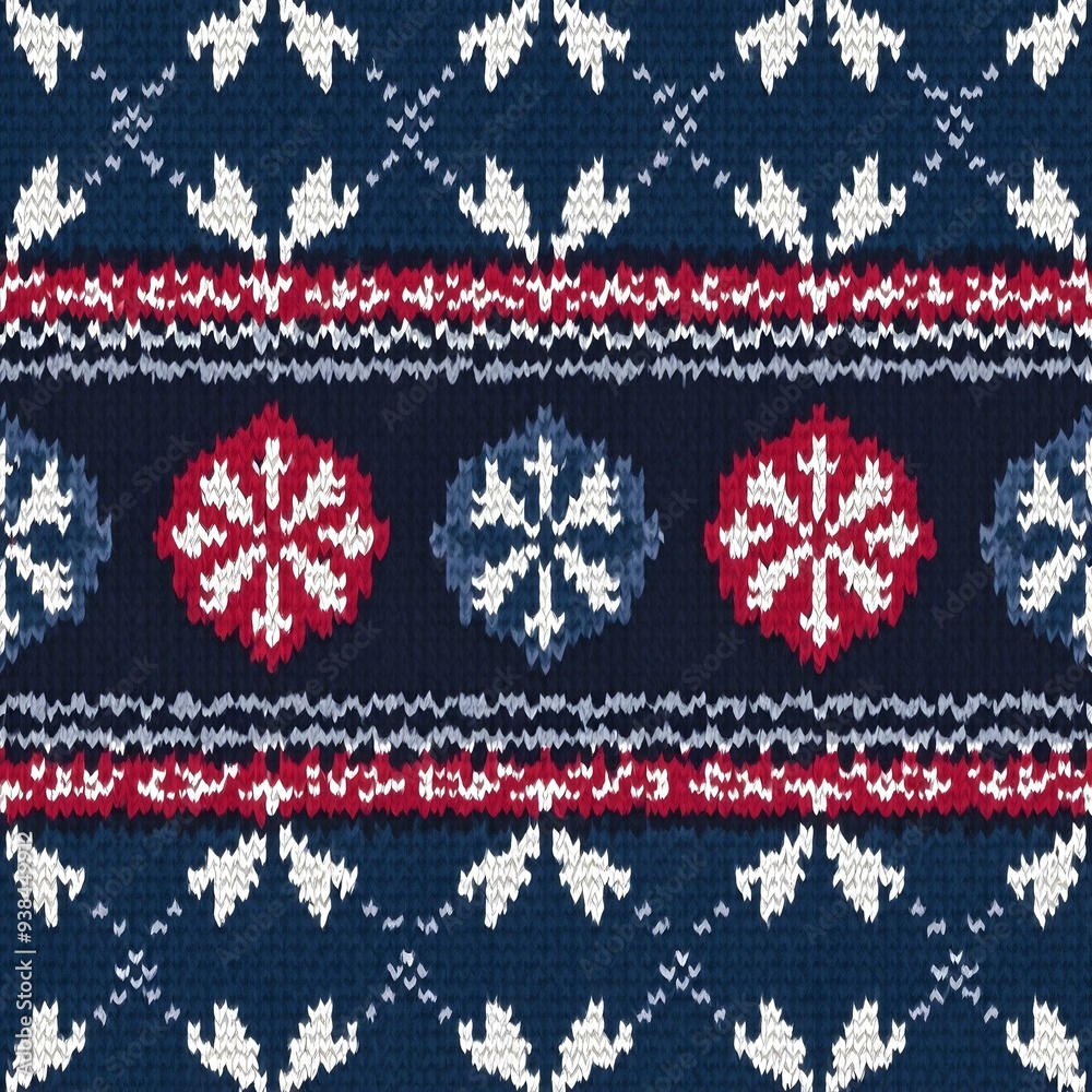 A seamless knitted pattern with snowflakes and geometric shapes in shades of blue, red, and white A seamless knitted pattern with snowflakes and geometric shapes in shades of blue, red, and white