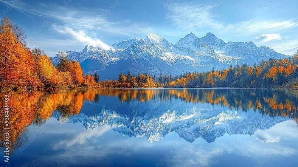 Obraz premium Scenic mountain range reflected in a serene lake captured in high-definition for beautiful background designs