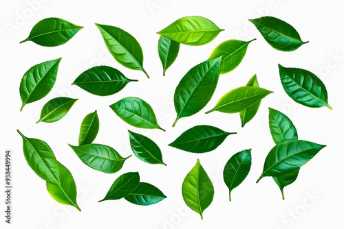 Various green leaves scattered on a white background, symbolizing nature, freshness, and environmental concepts.

