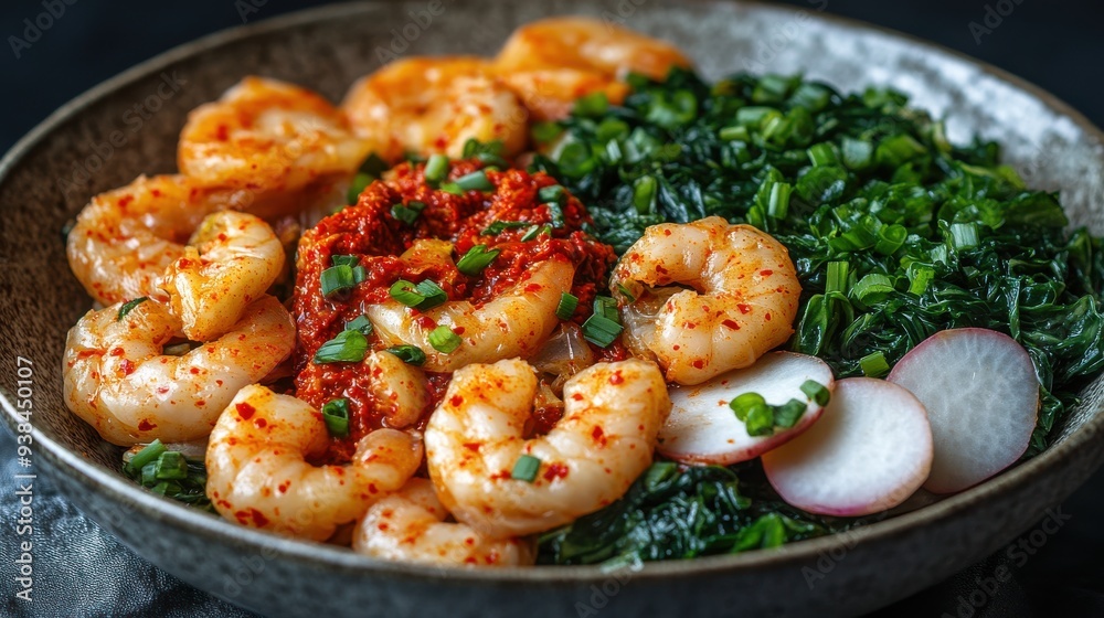 Delicious Spicy Shrimp Salad with Fresh Vegetables: Cilantro, Kale, Radishes in a Rustic Bowl for a Healthy and Flavorful Meal Delicious Spicy Shrimp Salad with Fresh Vegetables: Cilantro, Kale, Radishes in a Rustic Bowl for a Healthy and Flavorful Meal