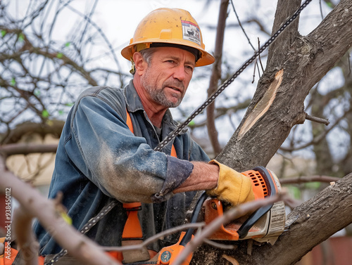 A man in a yellow hard hat is cutting a tree with a chainsaw. He is wearing a blue shirt and orange safety vest