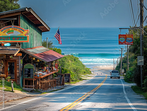 A beach town with a small business on the corner of the street. The business is a restaurant with a sign that says 