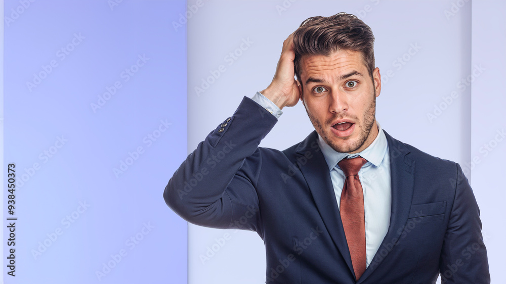 A young man in a suit and tie is taken aback A young man in a suit and tie is taken aback