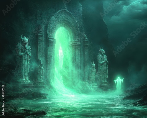 Mystic Glowing Green Portal in Ancient Stone Archway Surrounded by Dark Fog and Mysterious Statues in an Enchanted Fantasy World