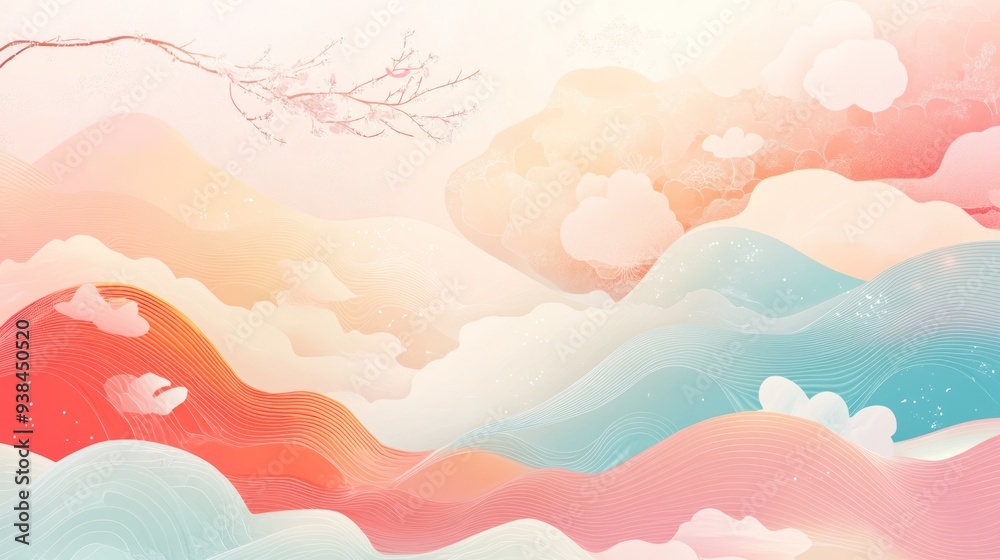 A colorful painting of a mountain range with a blue and pink sky. A colorful painting of a mountain range with a blue and pink sky.