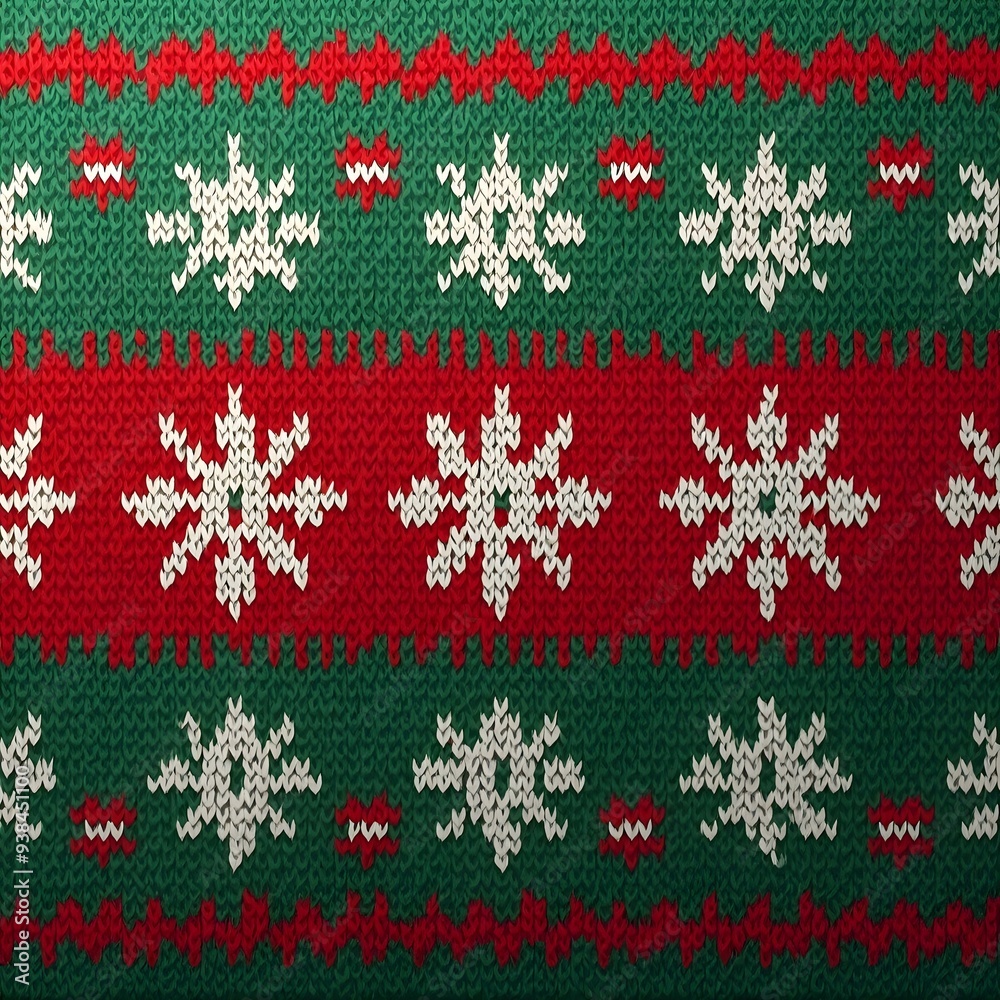 A seamless knitted pattern with snowflakes and geometric shapes in shades of green, red, and white A seamless knitted pattern with snowflakes and geometric shapes in shades of green, red, and white