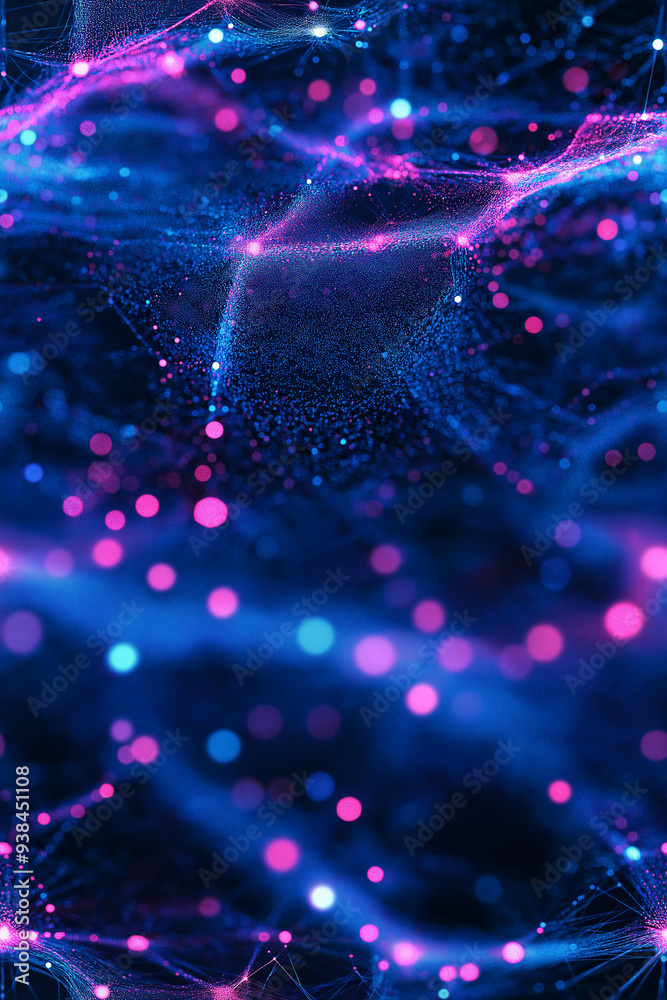 Fototapeta premium A vibrant digital rendering of a futuristic network with pink and blue nodes on a dark background.