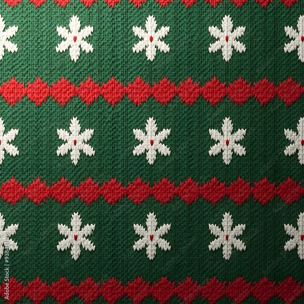 A seamless knitted pattern with snowflakes and geometric shapes in shades of green, red, and white A seamless knitted pattern with snowflakes and geometric shapes in shades of green, red, and white