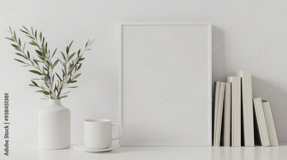 White Minimalist Interior Design with Plants and Books White Minimalist Interior Design with Plants and Books