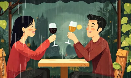 2D cartoon illustration of a couple enjoying wine together in the rain