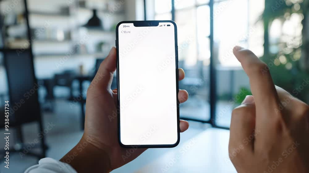 POV business man hand holding touching finger smartphone with blank white screen indoors and in office
