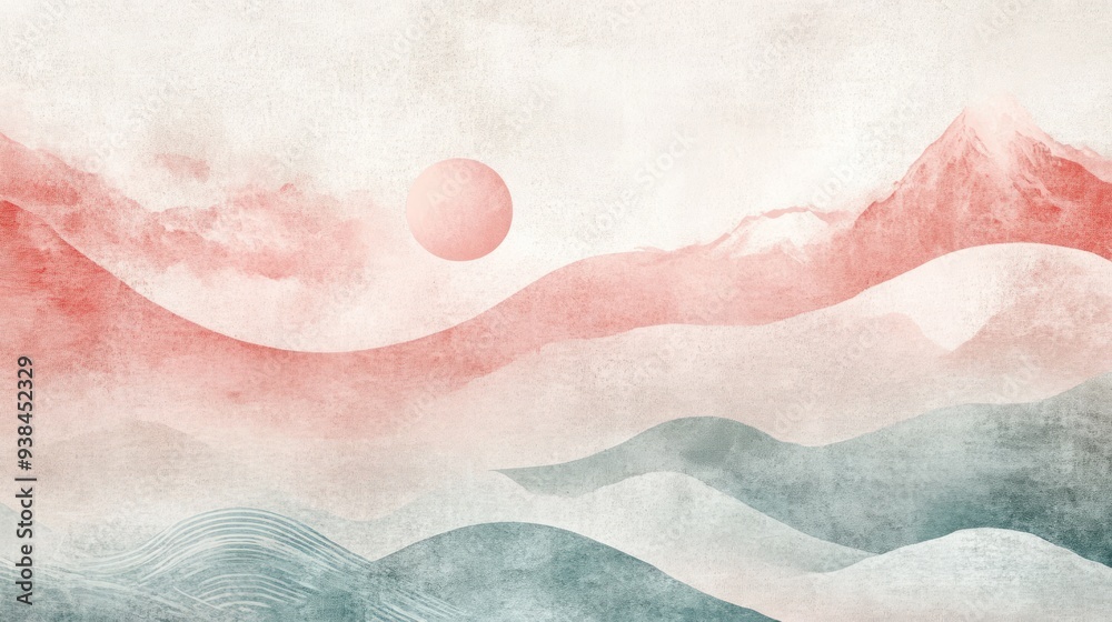 Fototapeta premium A painting of a red sun with a blue sky in the background.