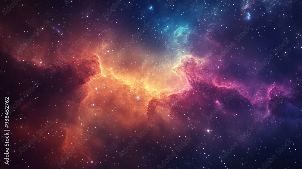 A colorful space scene with a purple cloud in the middle