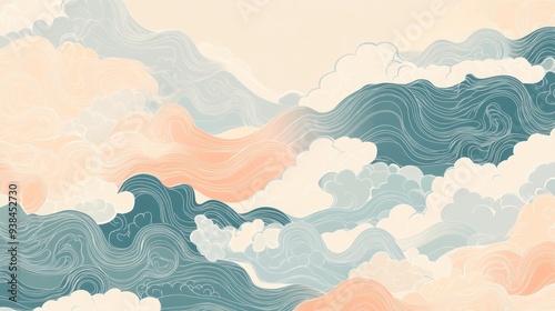 A colorful painting of mountains and hills with a blue and pink sky