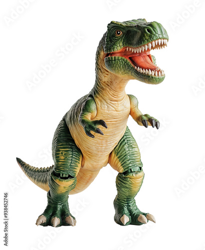 A green and yellow toy dinosaur with an open mouth. It is a tyrannosaurus rex on a white background.