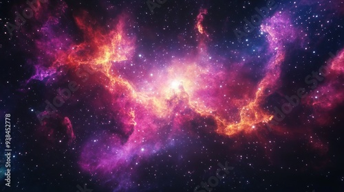 A colorful space scene with a purple cloud in the middle