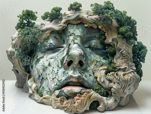 Nature's Embrace: A Ceramic Sculpture of a Human Face Adorned with Trees photo