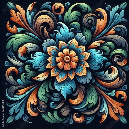 Vibrant floral illustration featuring intricate curves and bold colors. Perfect for packaging, textiles, or decorative designs.