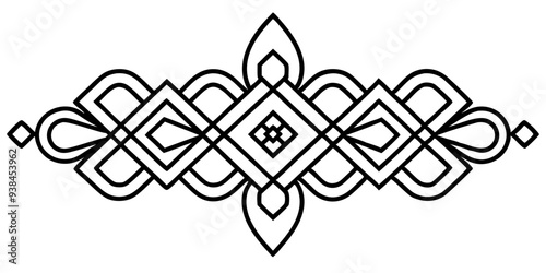 A Slavonic  black line geometric pattern with diamond and curved shapes interwoven in a horizontal design