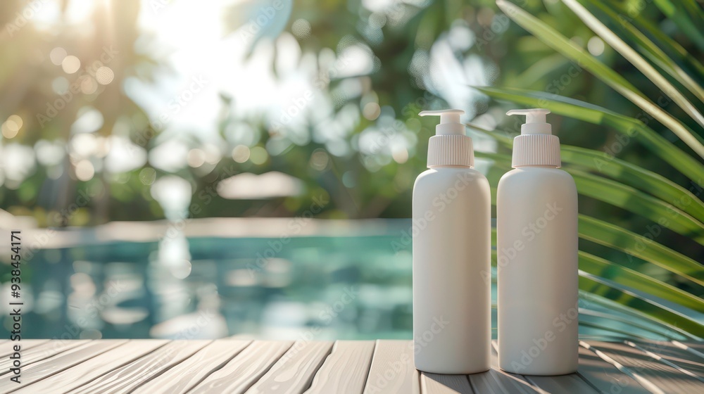 Two white pump bottles on a wooden table with a blurred background of a pool and tropical plants. Two white pump bottles on a wooden table with a blurred background of a pool and tropical plants.