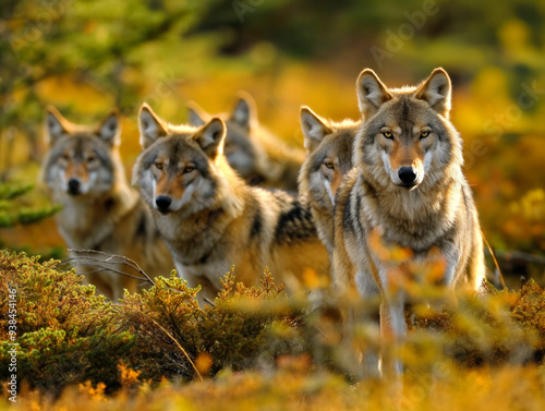 A pack of wolves are standing in a field of yellow grass. The pack is made up of five wolves, with one of them being the leader