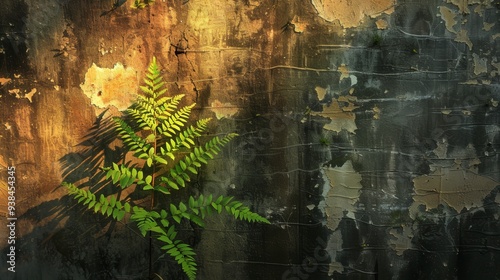 A single fern plant grows out of a cracked and peeling wall, with sunlight hitting the wall in the background. photo