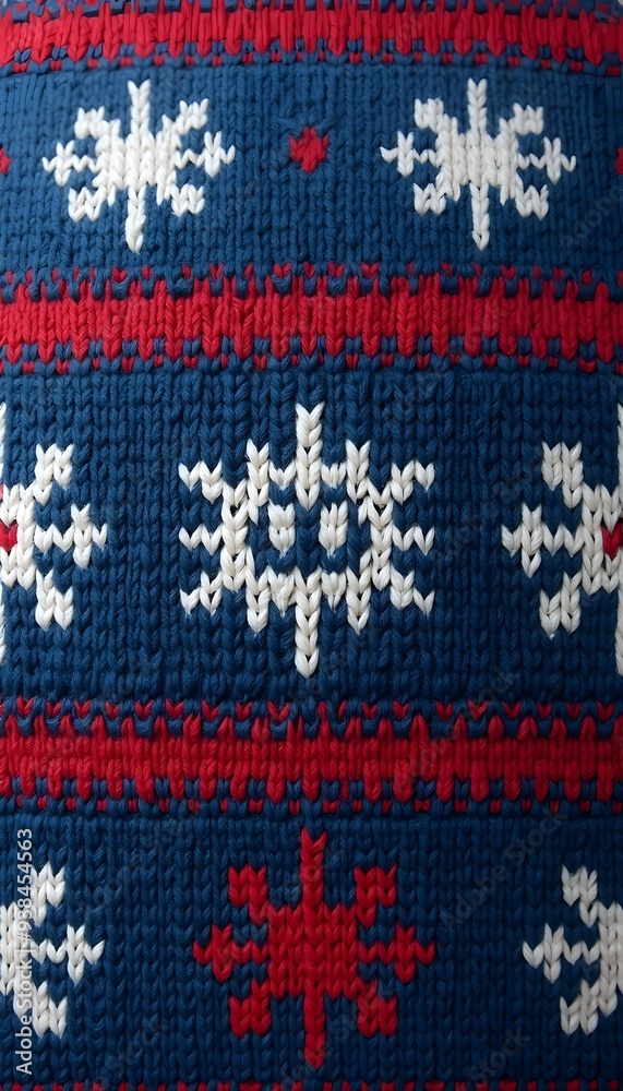 A seamless knitted pattern with snowflakes and geometric shapes in shades of blue, red, and white A seamless knitted pattern with snowflakes and geometric shapes in shades of blue, red, and white