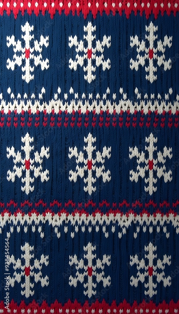 A seamless knitted pattern with snowflakes and geometric shapes in shades of blue, red, and white A seamless knitted pattern with snowflakes and geometric shapes in shades of blue, red, and white