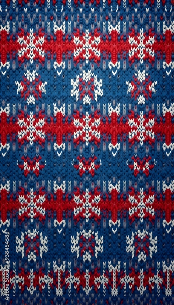 A seamless knitted pattern with snowflakes and geometric shapes in shades of blue, red, and white A seamless knitted pattern with snowflakes and geometric shapes in shades of blue, red, and white