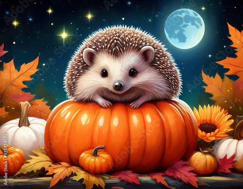 fantasy illustration of a Hedgehog on a pumpkin with autumn leaves, full moon, in the forest at a starry night. thanksgiving background. photo