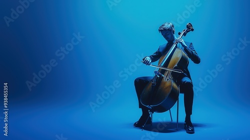 a man engrossed in playing the cellos, positioned to the left of the frame against a solid light blue background