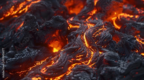 Molten Lava Flow Close-Up Macro Shot of Glowing Red-Orange Lava Texture with Black Crust and Flowing Magma in Fiery Volcanic Landscape for Dramatic and Intense Visuals