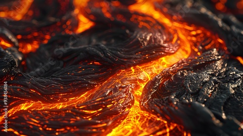 Molten Lava Flow Close-Up Macro Shot of Glowing Red-Orange Lava Texture with Black Crust and Flowing Magma in Fiery Volcanic Landscape for Dramatic and Intense Visuals