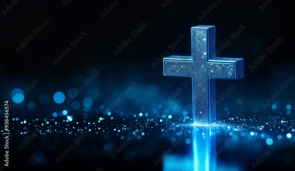 Obraz premium Blue holographic glowing Christian cross with copy space.
