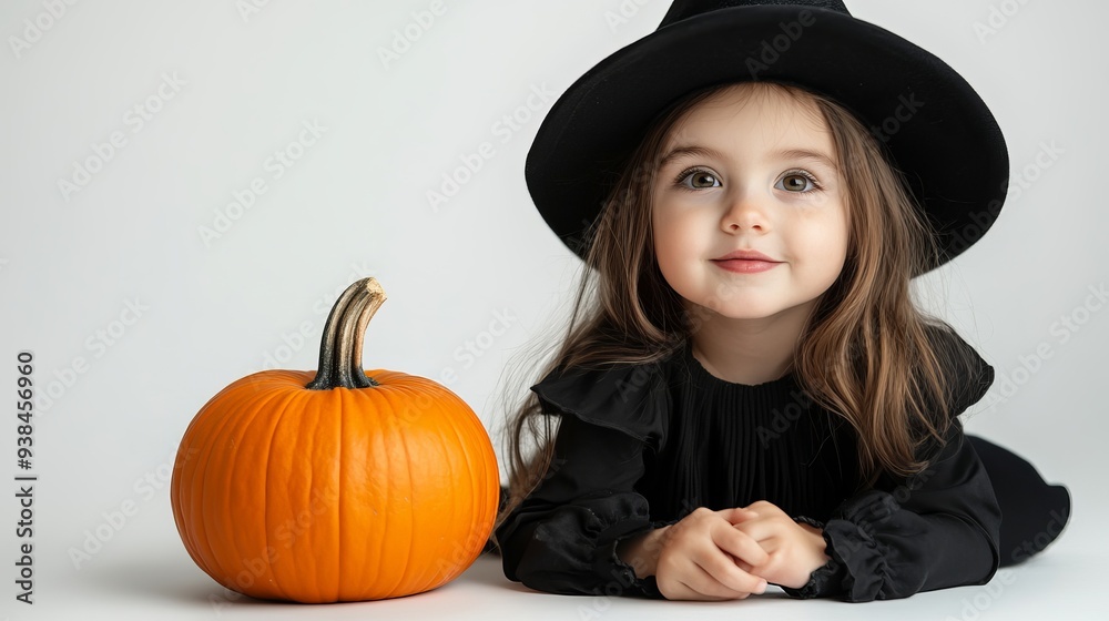 Portrait of a little girl wearing a black hat and black clothing holding a pumpkin against a white background Portrait of a little girl wearing a black hat and black clothing holding a pumpkin against a white background