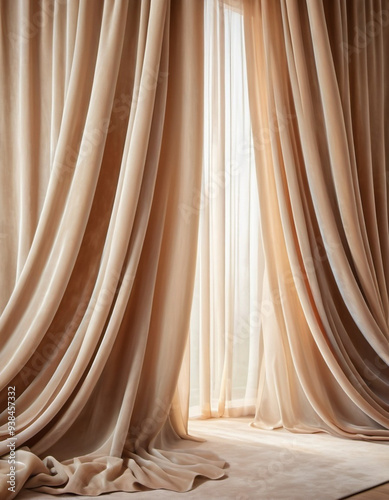 Curtain with soft smooth flowing folds. Deep beige color and luxurious texture create a dramatic and elegant atmosphere. Decoration and interior design. Expensive curtain made of rich fabric. AI