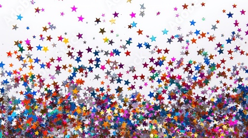 Colorful star-shaped confetti scattered on a white background.